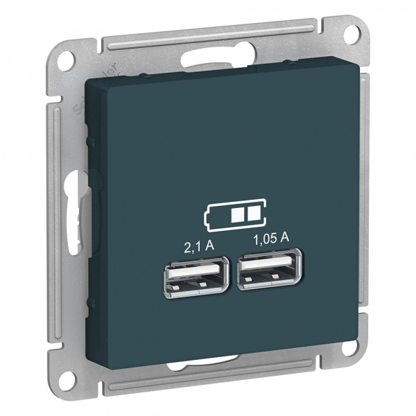 AtlasDesign Изумруд Розетка USB. 5В, 1 порт x 2,1 А, 2 порта х 1,05 А, механизм,  ATN000833
