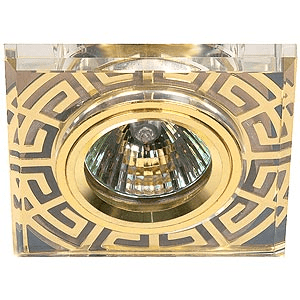Точечный светильник ЭРА DK27 GD/WH декор стекло квадрат с рис антик MR16,12V, 50W, золото/прозрачный