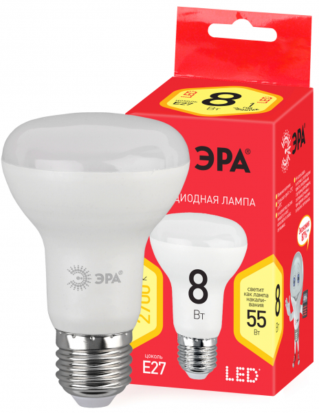 Светодиодная лампа ЭРА R63 8Вт 220-240В 2700К E27