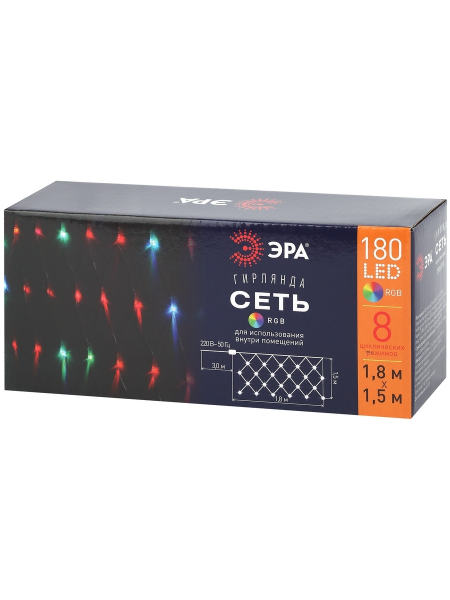 Гирлянда  Сеть  внутренняя  IP20  1,8 м*1,5 м, 8 режимов, мультиколор, провод прозрачный, 220В,  ЭРА Б0041902