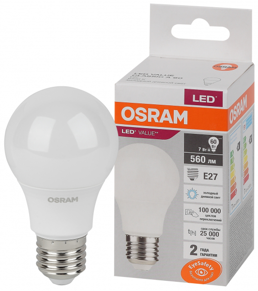 Светодиодная лампа OSRAM A60  7Вт 230В 6500К E27