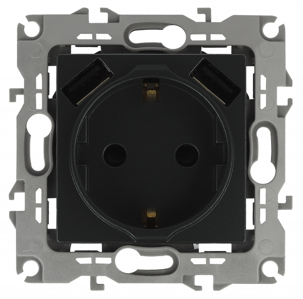 14-4109-05  ЭРА Розетка 2P+E 16A-250В, штор. с 2xUSB 5В-3А, Эра Elegance, антрацит
