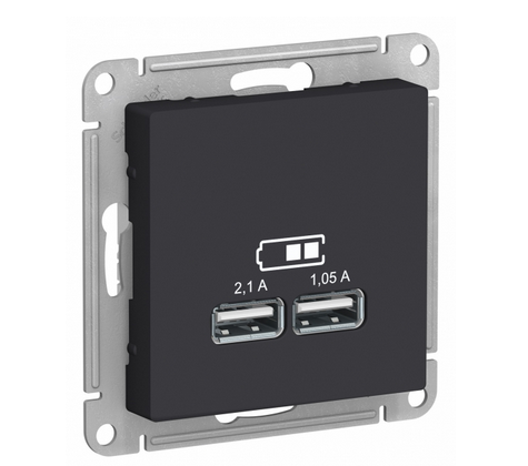 AtlasDesign Карбон  Розетка USB, 5В, 1 порт x 2,1 А, 2 порта х 1,05 А, механизм ATN001033