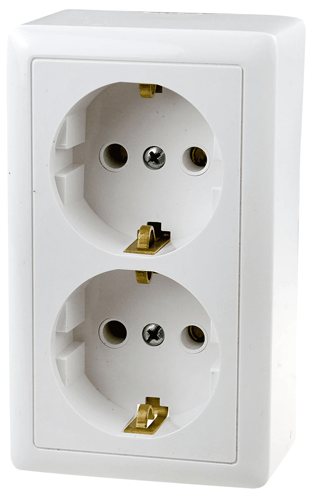Schneider Electric  Хит  Белый  Розетка 2-местная с заземляющими контактами без шторок с изолированной пластиной 16А 250В, IP20 открытая установка  (аналог - RA16-234I-B ) RA16-238I-B