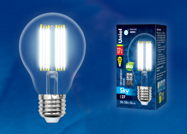 LED-A70-17W/4000K/E27/CL PLS02WH Лампа светодиодная. Форма "A", прозрачная. Серия Sky. Белый свет (4000K). Картон. ТМ Uniel.