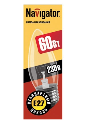 Стандартная лампа накаливания  Navigator  В35  60Вт  230В  E27 (кратно 10)