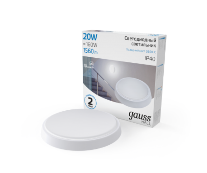 Светильник ЖКХ Gauss  IP40  20W 1560lm 6500K 200-240V IP40 D180*33мм белый LED  HALL круг ЖКХ 1/40