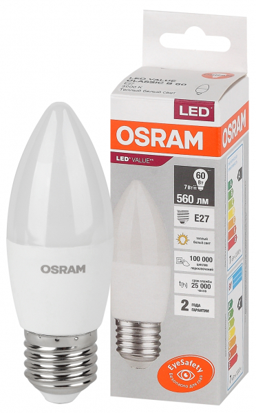 Светодиодная лампа OSRAM B60  7Вт 230В 3000К E27