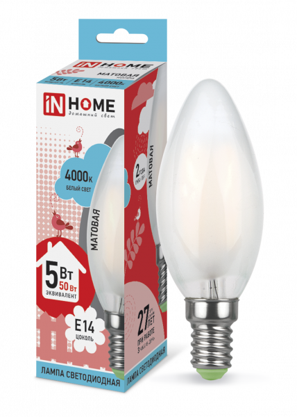 Светодиодная лампа IN HOME C37 5Вт 230В 4000К Е14 филамент.