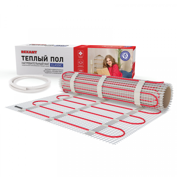REXANT Тёплый пол (нагревательный мат)  Classic RNX -8,0-1200 (площадь 8,0 м2 (0,5 х 16,0 м)), 1200 Вт, двухжильный с экраном 51-0514-2