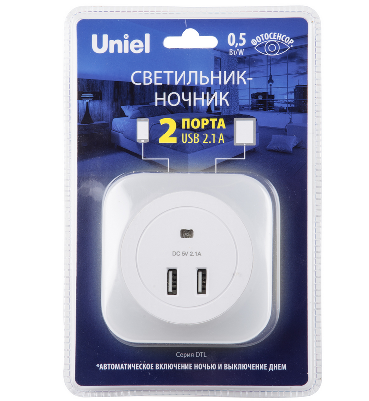 Ночник с фотосенсором (день-ночь) 2USB. Белый. ТМ Uniel DTL-321 White/Sensor/2USB