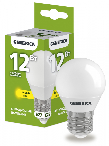 Лампа LED G45 шар 12Вт 230В 3000К E27 GENERICA
