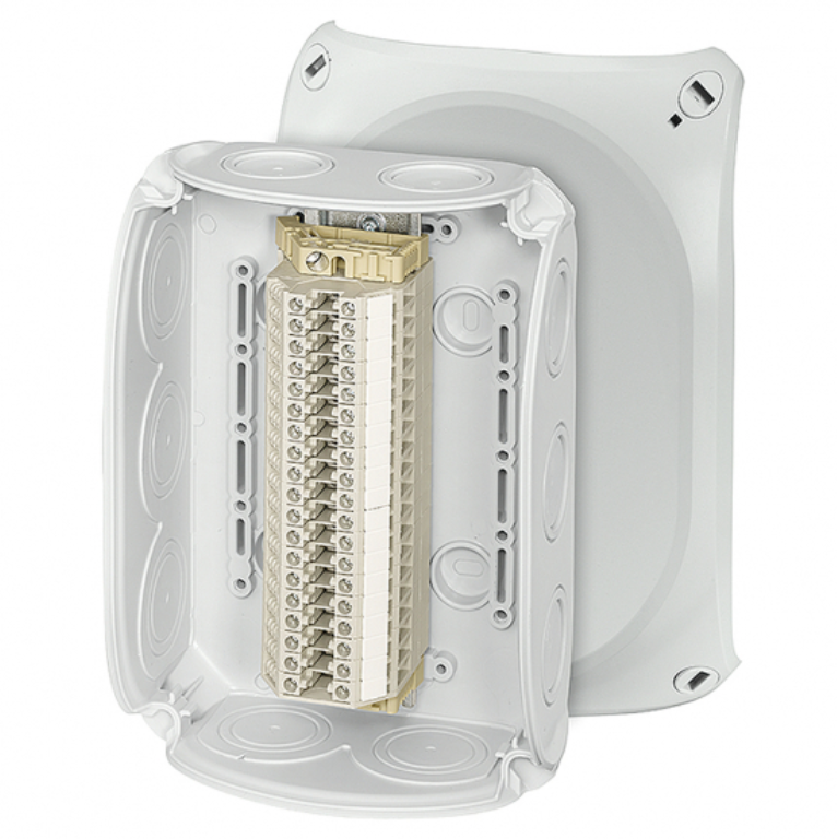 Коробка-T 180х130х77, 10+2 мембранных вводов, 19-клемм 0,5-4 кв.мм, серый, PP, IP66 HENSEL 62000178 RK 1019