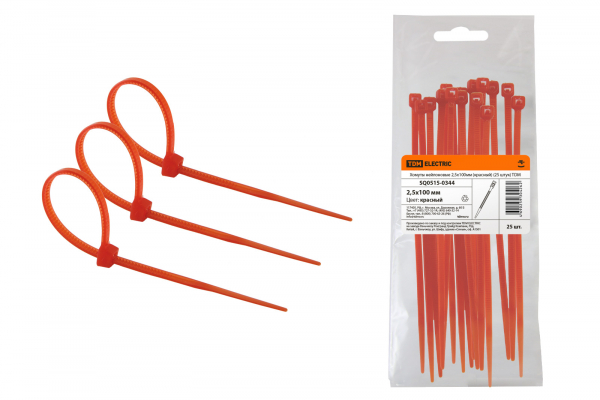 Хомут (стяжка) нейлон  2.5 х 100  красн.  (25шт)  TDM SQ0515-0344