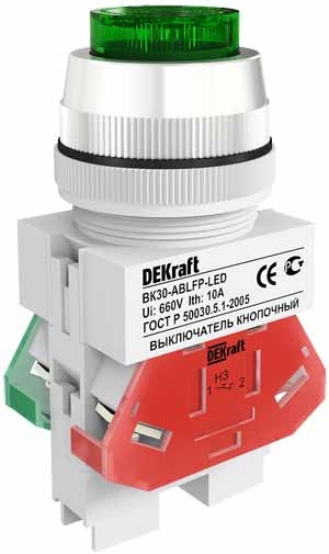 25047DEK Выкл. кноп. ABLFP ?30 мм Цвет:ЗЕЛЕНЫЙ LED 220В ВK-30 DEKra