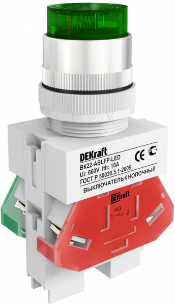 25135DEK Выкл. кноп. с фикс. ABFP Φ22 мм зел. LED 220В ВK-22 DEKraft