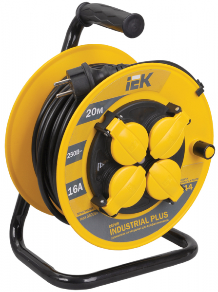 Удлинитель силовой на пластиковой катушке IEK 4*20м. с з/к евро. с термозащитой УК20 2P+PE 3*1.5м2  IP44  "Industrial plus"