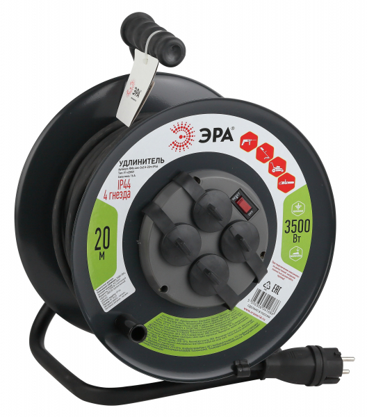 Удлинитель силовой ЭРА RMx-4es-3x2.5-20m-IP44(KG) на м. катушке c/з 4 гн2 0м КГ 3х2.5