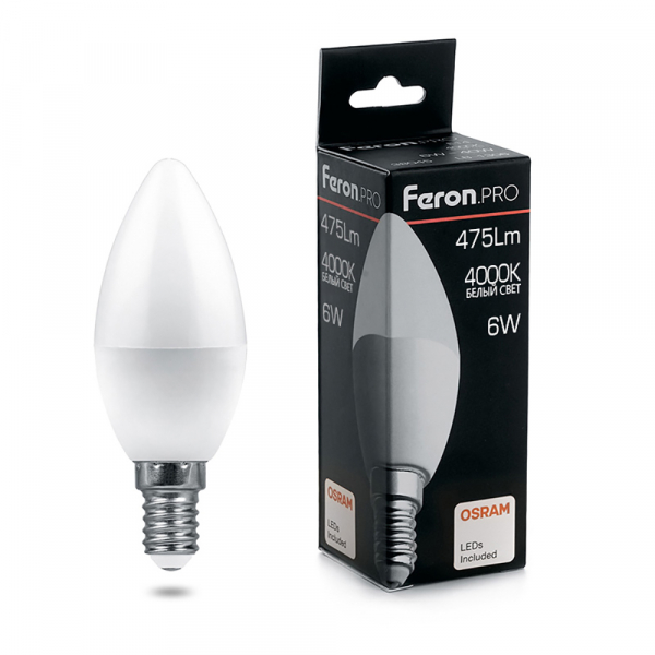 FERON LB-1306 (6W) 230V E14 4000K C37 свеча OSRAM LED