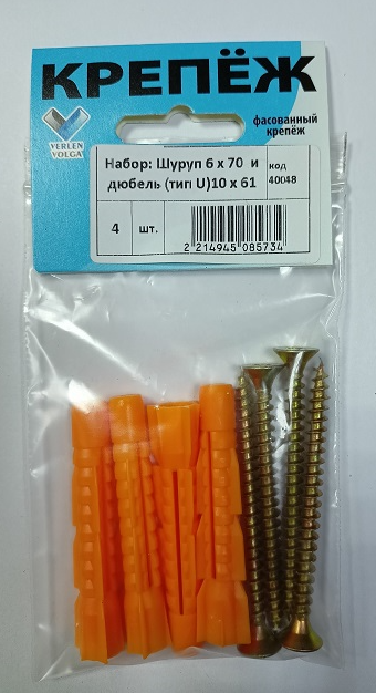 Шуруп 6х70 и дюбель 10х61 (тип U) (4 шт/уп) -набор Verlen-Volga