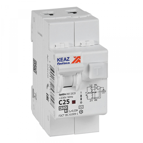 АВДТ с защитой от сверхтоков OptiDin D63-22C25-AC-У3 (2P, C25, 30mA, 4,5кА)