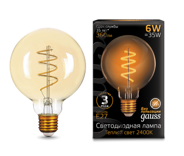 Светодиодная лампа Gauss G95 6Вт 185-265В 2400К E27 филамент. Flexible Golden