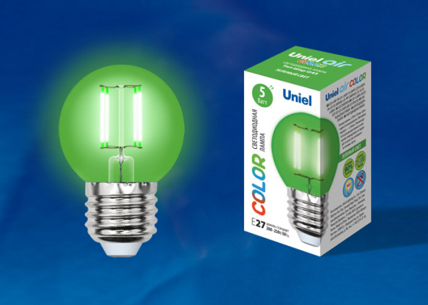 LED-G45-5W/GREEN/E27 GLA02GR Лампа светодиодная. Форма "шар". Серия Air color. Зеленый свет. Картон. ТМ Uniel