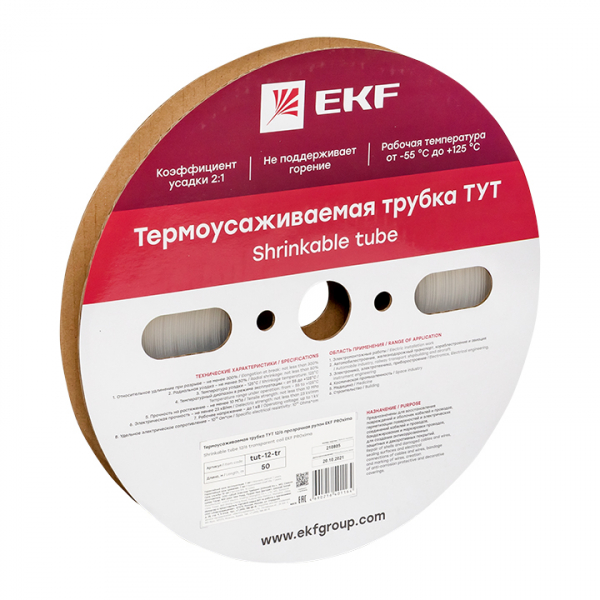 Термоусаживаемая трубка ТУТ 12/6 прозрачная рулон EKF PROxima (кратно 50)
