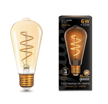 Светодиодная лампа Gauss ST64 6Вт 185-265В 2400К E27 филамент. Flexible Golden