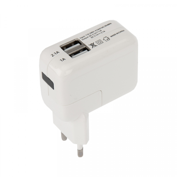 Сетевое зарядное устройство 2xUSB,  переходник+адаптер (СЗУ) (5V, 2 100mA+1000mA) REXANT 18-1187