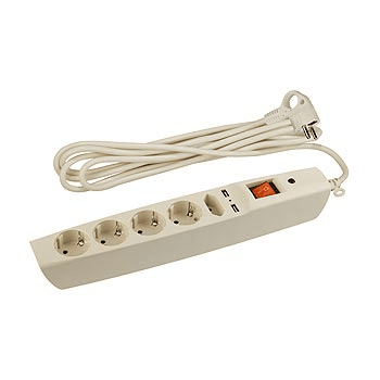 Сетевой фильтр  5гн+2xUSB,  2м с заземляющими контактами 3x1мм2, со шт, с выключателем кор, слоновая кость SFU-5es-2m-I ЭРА