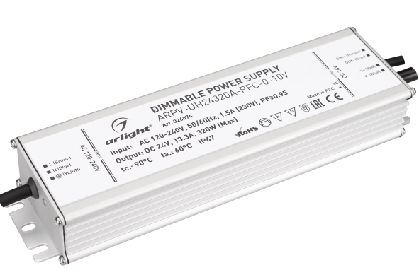 Arlight Блок питания 24V, 320W  IP67 251х68х39  ARPV-UH24320A-PFC-0-10V (24V, 13.3A, 320W)
