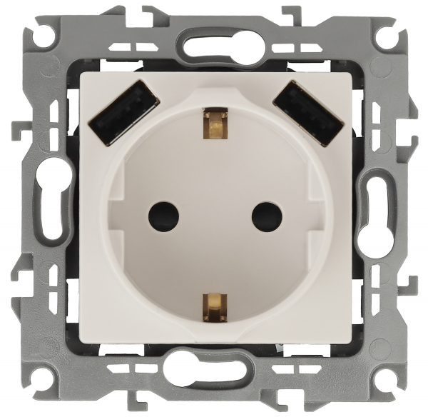 14-4109-02  ЭРА Розетка 2P+E 16A-250В, штор. с 2xUSB 5В-3А, Эра Elegance, слоновая кость