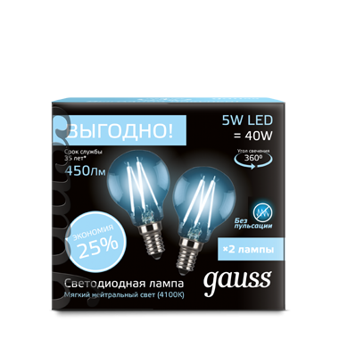 Светодиодная лампа Gauss G45  5Вт 220В 4100К E14 филамент.