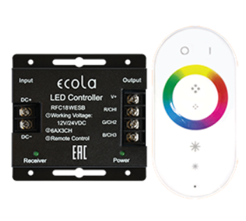 Ecola Контроллер 12V 216W 18A (432W 24V) с кольцевым сенсорным белым радиопультом  LED strip RGB RF controller  /RFC18WESB/