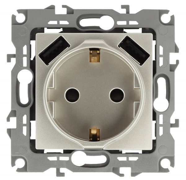 14-4109-04  ЭРА Розетка 2P+E 16A-250В, штор. с 2xUSB 5В-3А, Эра Elegance, шампань