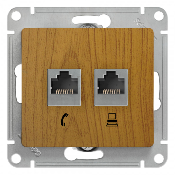 Glossa Дерево Дуб Розетка 2-местная RJ11+RJ45, категория 5E, механизм IP20 скрытая установка GSL000585