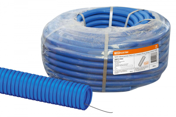 Труба гофрированная ПНД d 25 с зондом (75 м) легкая синяя TDM (кратно 75)