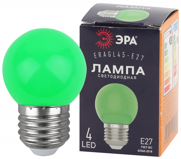 Декоративная  светодиодная  лампа шар зеленый ЭРА LED Р45-1W-E27 ERABL45-E27