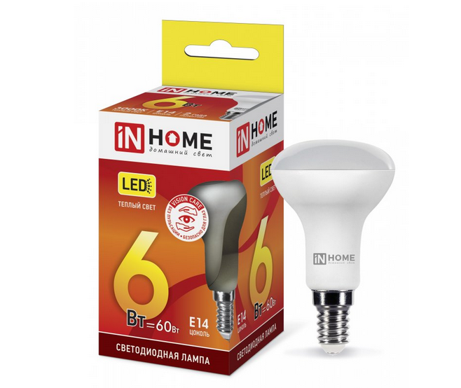 Светодиодная лампа IN HOME R50 6Вт 230В 3000К Е14