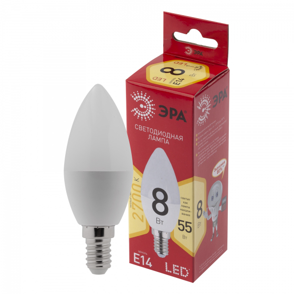 LED B35-8W-827-E14 R ЭРА (диод, свеча, 8Вт, тепл, E14) (10/100/3500)