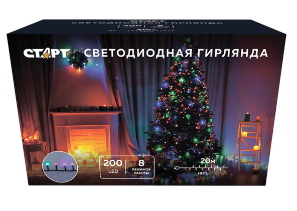 Гирлянда  Нить  внутренняя  IP20200LED 220V 8 реж 20м нить мульти СТАРТ