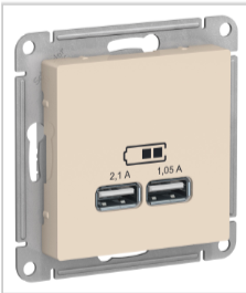 AtlasDesign Бежевый  Розетка USB, 5В, 1 порт x 2,1 А, 2 порта х 1,05 А, механизм ATN000233