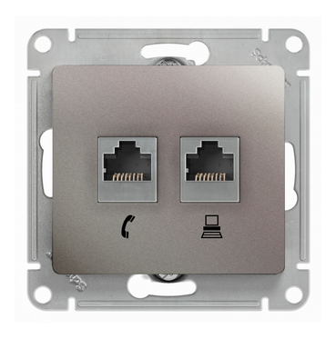 Glossa Платина Розетка 2-местная RJ11+RJ45, категория 5E,механизм IP20 скрытая установка GSL001285