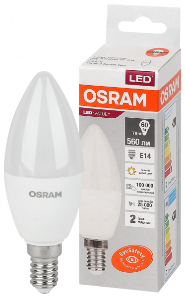 Светодиодная лампа OSRAM B60  7Вт 230В 3000К E14