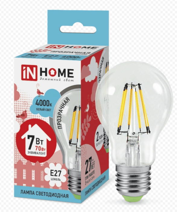 Светодиодная лампа IN HOME A60 7Вт 230В 3000К Е27 филамент