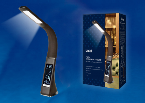 Светильник Uniel TLD-542 Brown/LED/300Lm/5000K/Dimmer настольный c часами, календарем, термометром, 5W. Сенсорный, цвет -  Коричневая кожа