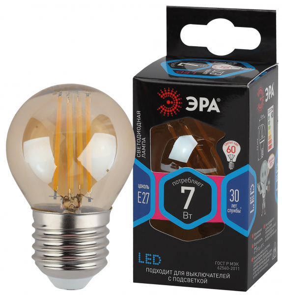 Светодиодная лампа F-LED P45-7W-840-E27 gold ЭРА (филамент, шар золот, 7Вт, нейтр, E27)
