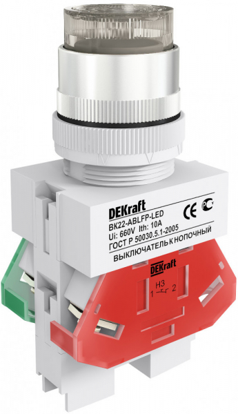 25068DEK Выкл. кноп. ABLFP Φ22 мм LED бел. 24В AC/DC ВK-22 DEKraft
