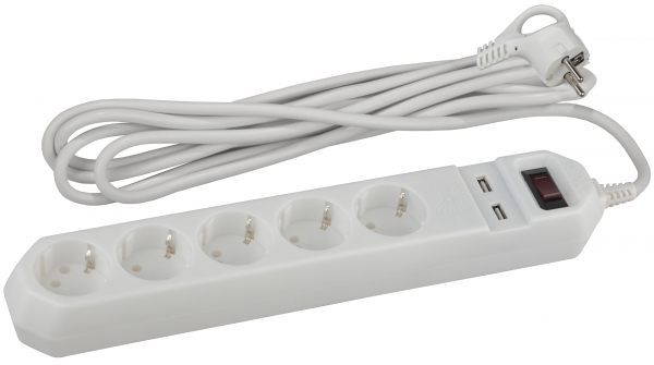 Сетевой фильтр  5 гнезд+2USB  1.5м. с заземляющими контактами 3x0,75м.м2, с выключателем белый USF-5es-1.5m-USB-W ЭРА